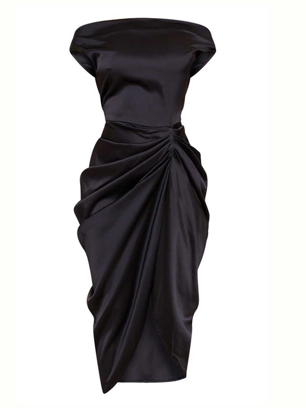 PrettyLittleThing Black Strapless Draped Satin Midi Dress